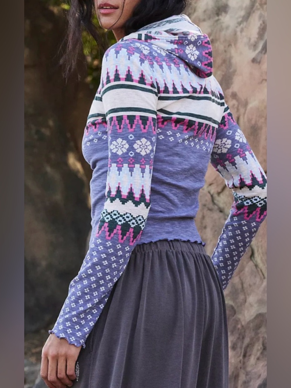 NWT FREE PEOPLE MOVEMENT BREATHE EASY HOODED LAYER TOP PLAID FAIRISLE GRAPH